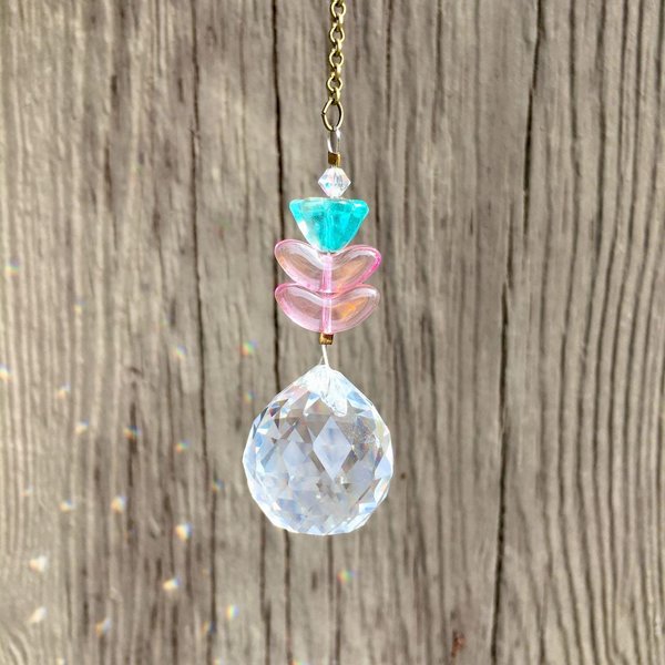 Flower Crystal Sun Catcher: 20mm Rainbow Prism Sphere, Czech Glass Beads, Handmade
