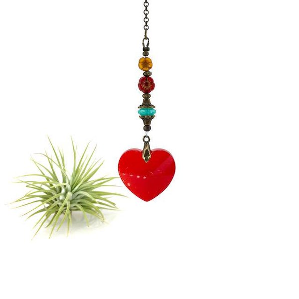 Ruby Heart Crystal Sun Catcher: Bohemian Window & Garden Decor, Czech Beads