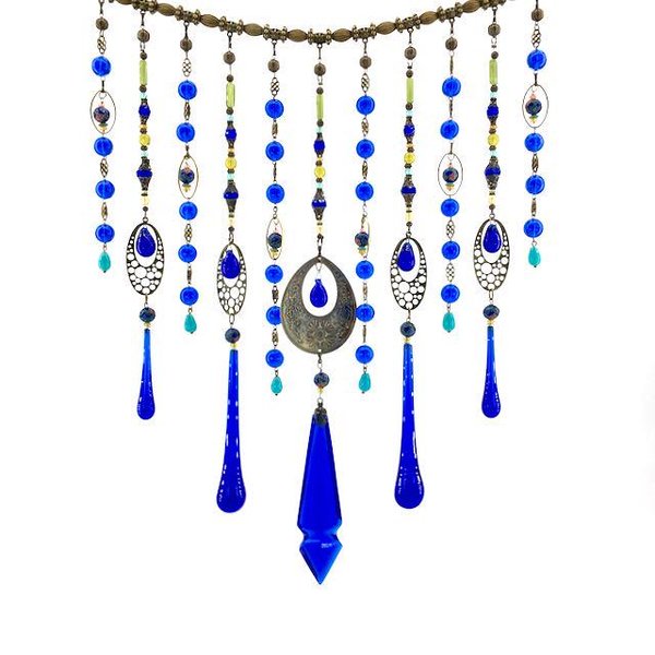 Vintage Cobalt Chandelier Crystal Hanging, Handmade Boho Beaded Curtain for Window or Garden