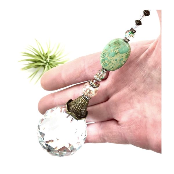 Jasper Gemstone Sun Catcher, 40mm Crystal Sphere, Rainbow Maker