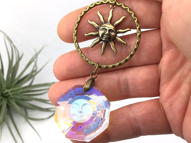 Sun Catcher, Moon Face, Sun, Crystal Hanging, Celestial, Rainbow Maker, AB 30mm, Home, Window Hanging, Garden, Gift, 2 DirtyBirds Boutique