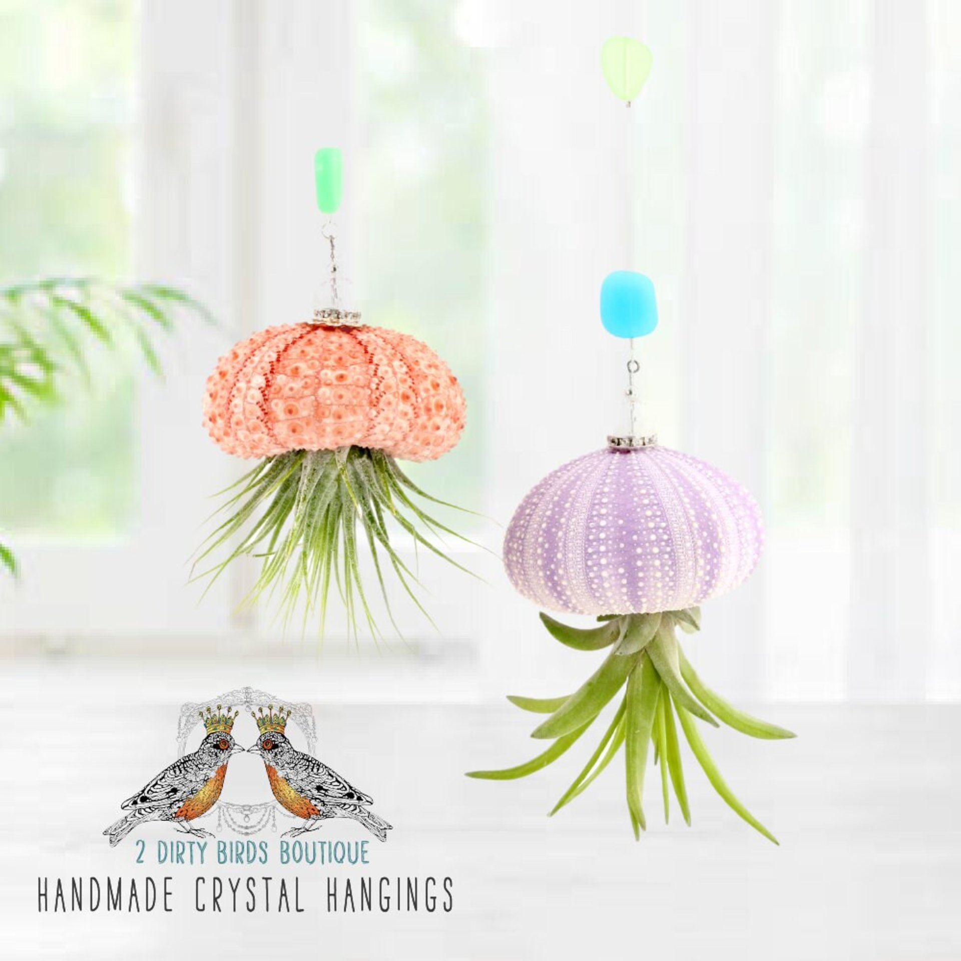 Nautical-Inspired Live Air Plant Sea Urchin Jellyfish - Handcrafted with Swarovski, Pearls & Sea Glass, Perfect Home Gift Set, 2 Pack