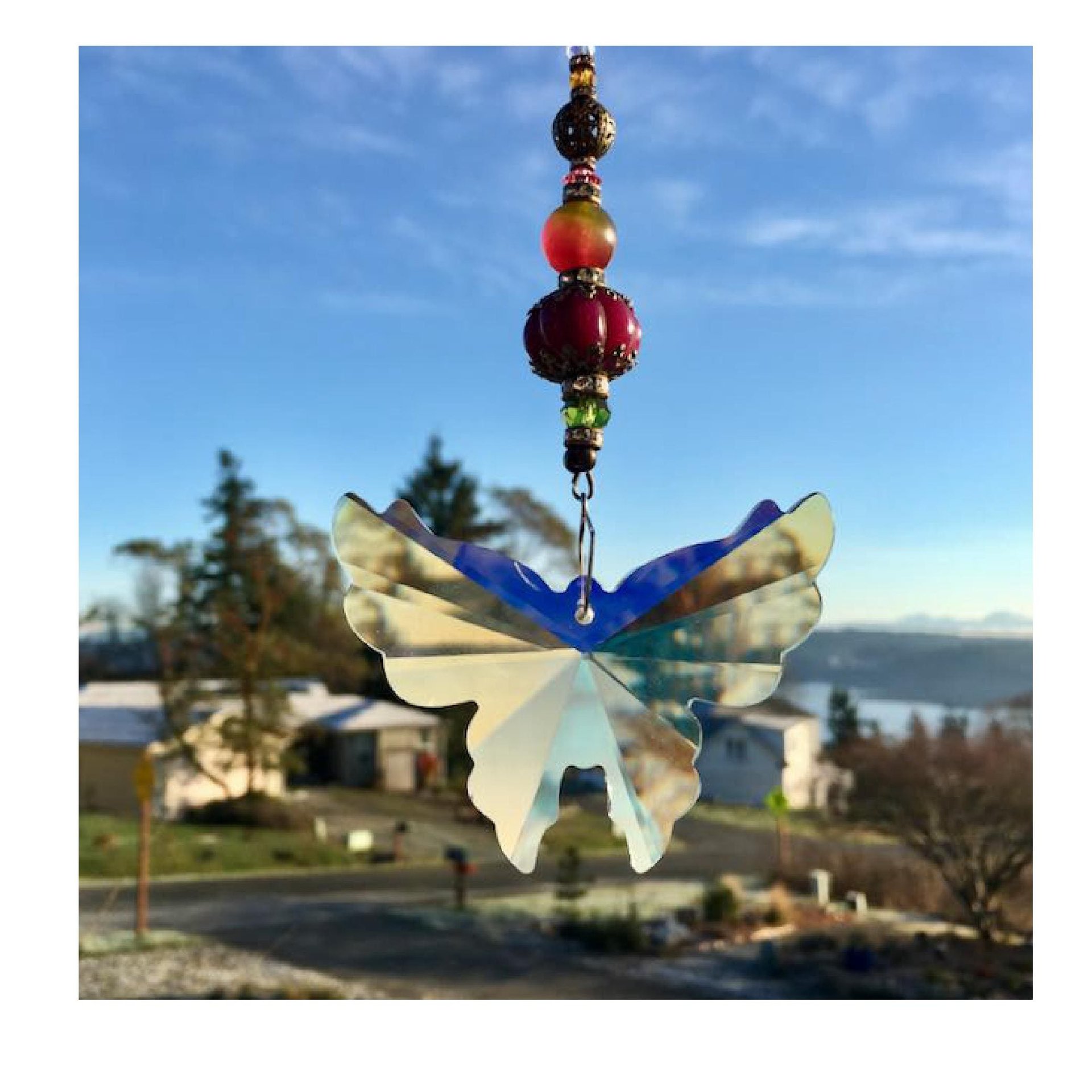 Large Butterfly Crystal Sun Catcher: Boho Rainbow Maker, Gemstone & Crystal Beads
