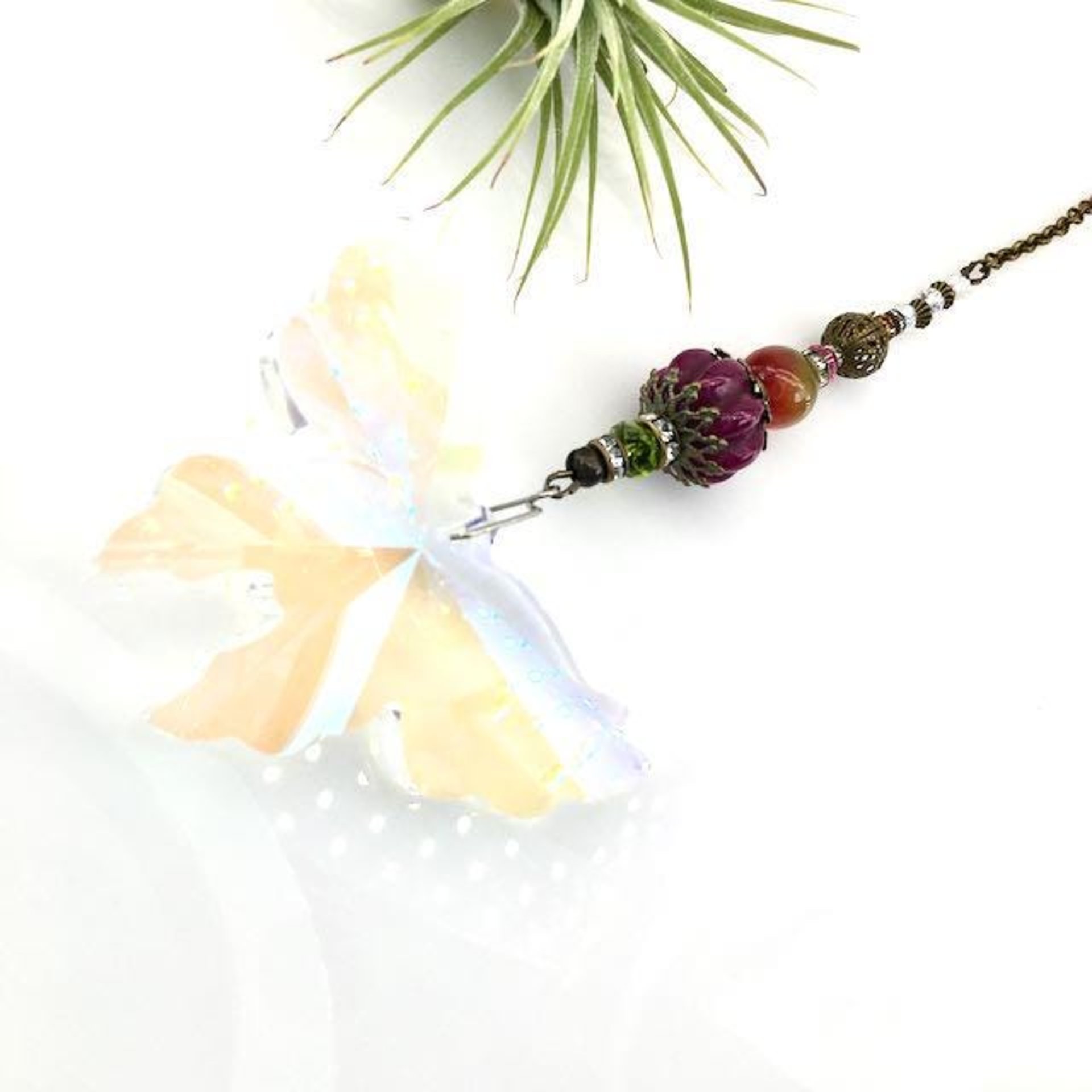 Large Butterfly Crystal Sun Catcher: Boho Rainbow Maker, Gemstone & Crystal Beads