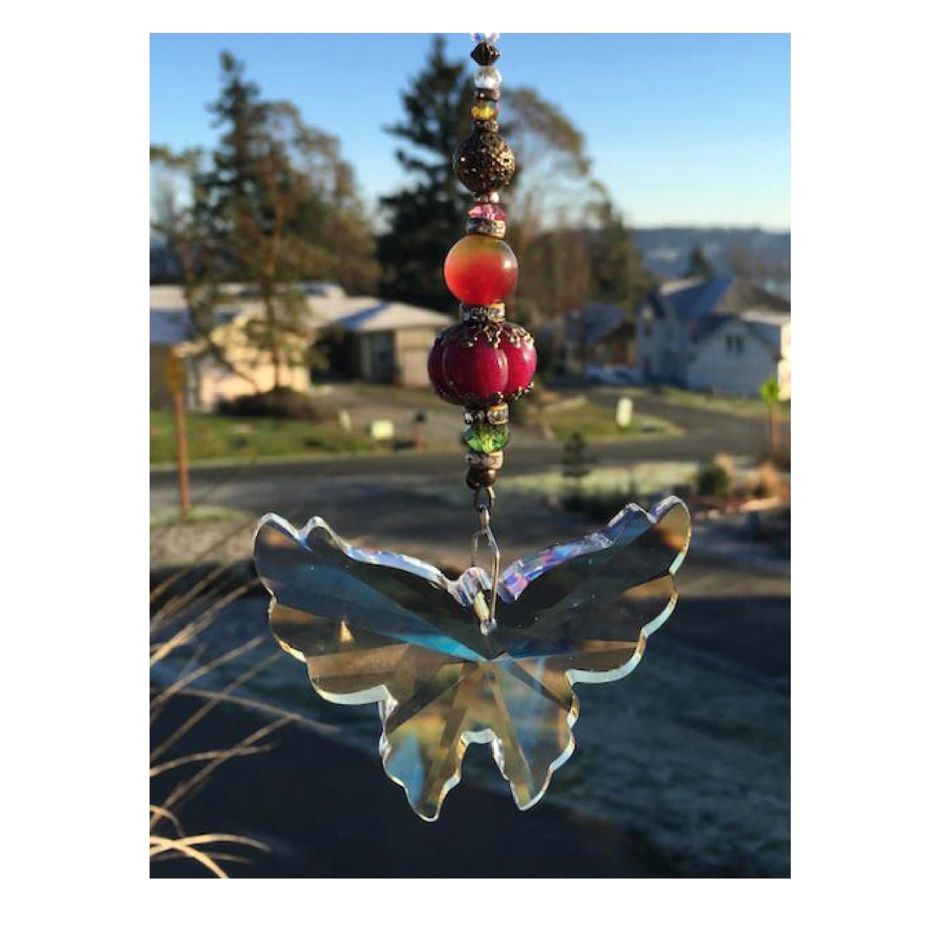 Large Butterfly Crystal Sun Catcher: Boho Rainbow Maker, Gemstone & Crystal Beads