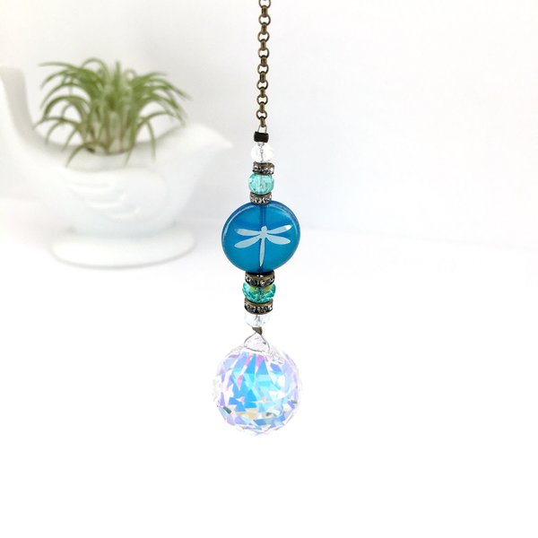 Coastal Blue Dragonfly Sun Catcher, Small Crystal Prism Rainbow Maker, Brighten Your Window or Garden - Sweet Handmade Gift by 2 DirtyBirds