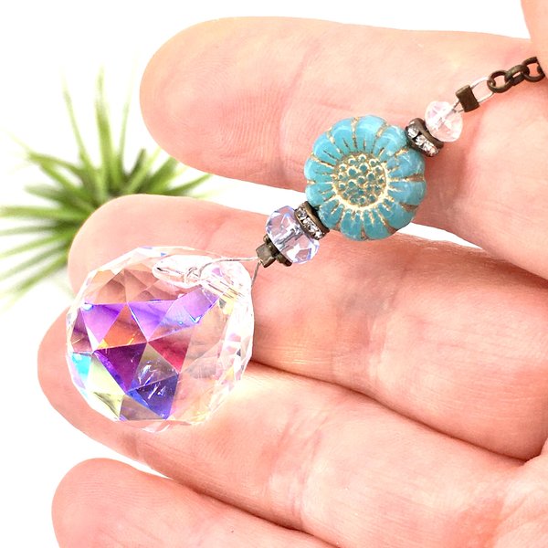 Blue Flower Crystal Suncatcher: Rainbow Prism, Czech Glass Beads